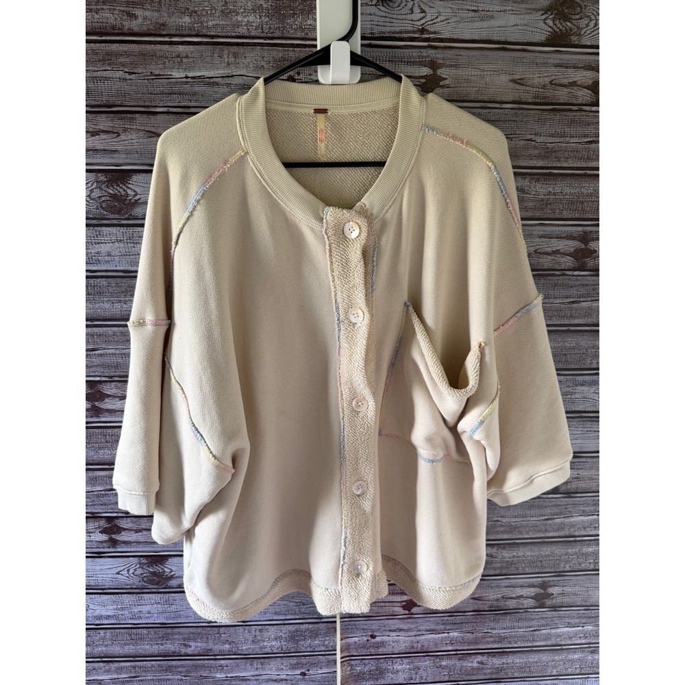 Free People Women's Button-Down Cardigan Size L Cream Rainbow Stitch Oversized